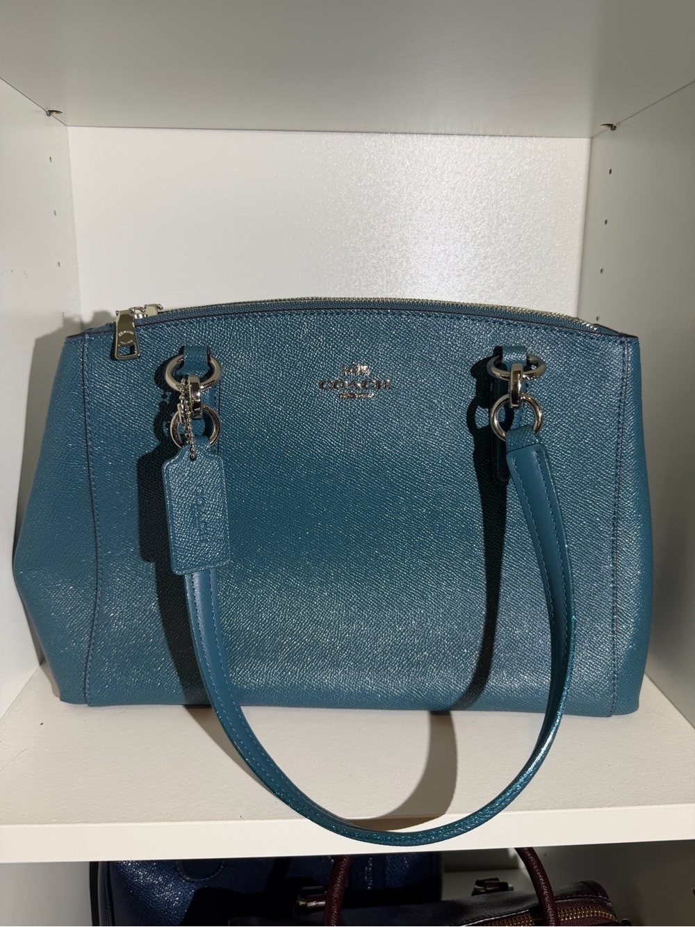 Coach Christie Metallic Blue Leather Purse with Dual Handles, Silver Hardware